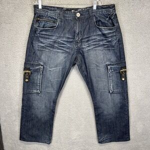 Clench Jeans Mens 40x27 Blue Cargo Straight Leg Skater Grunge Flap Pockets Denim